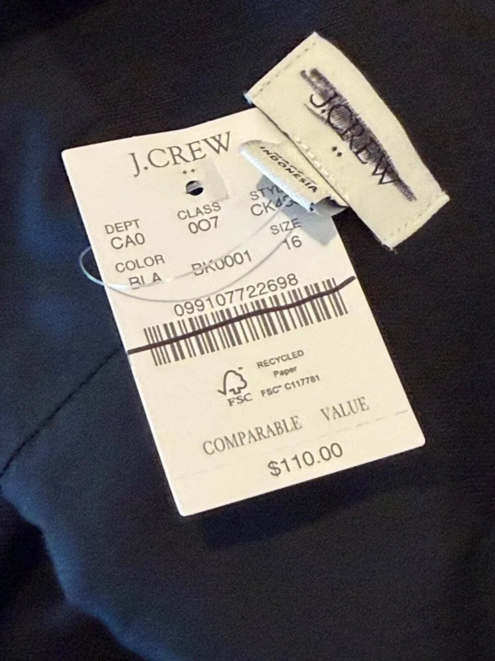 J. Crew Women's Long Button Front Vest Black Layering Size 16 NWT